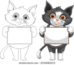 Two cartoon cats with blank signs, playful expressions