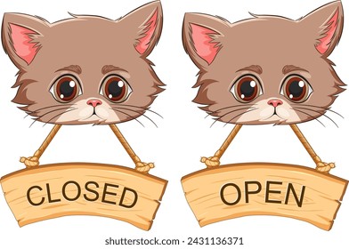 Two cartoon cats holding wooden open and closed signs.