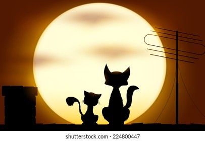 Two cartoon cats on the roof. Vector eps 10