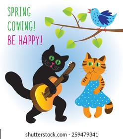 Two cartoon cats, one playing guitar, the other listening and a bird. Vector illustration/