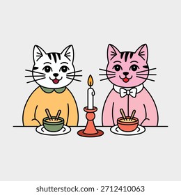 Dos gatos de dibujos animados, uno blanco y otro rosa, se sientan en una mesa con cuencos de comida y una vela encendida entre ellos.