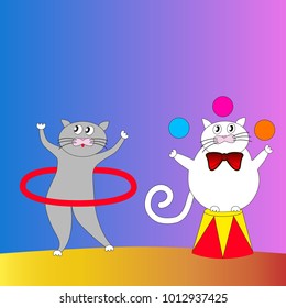 Two cartoon cats performing in the circus. Background for children.