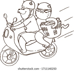 Two cartoon cats riding a bike with helmets and laundry basket. Vector outline funny illustration. Coloring book page.