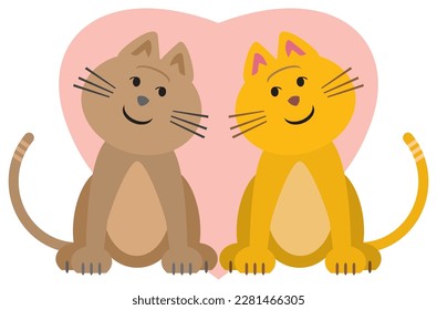 Two cartoon cats are showing affection in front of a heart