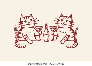 Two cartoon cats sitting at a table with drinks and a bottle of wine hand drawn line art illustration whimsical adorable celebration cocktail companions together domestic