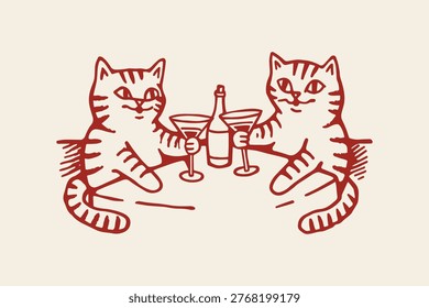 Two cartoon cats sitting at a table with drinks and a bottle of wine hand drawn line art illustration whimsical adorable celebration cocktail companions together domestic