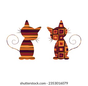 two cartoon cats with textures isolated on white background, cat silhouettes filled with lines and squares in ethnic colors, vector design for fashion and poster prints, sticker, wall art