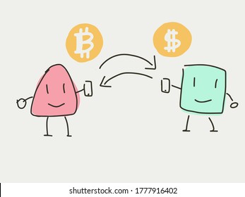 Zwei Cartoon-Charakter tauschen Bitcoin mit Dollar. Kryptowährung. Menschen kaufen und verkaufen Kryptowährung oder Bitcoin mit US-Dollar. Geldmünze, die in der Luft fliegt. Kunst des flachen Designs