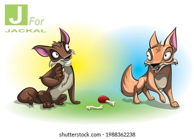 Two cartoon character Jackal one is dark brown color other is light brown color. Bone and meat with Bones to fall top on the ground.