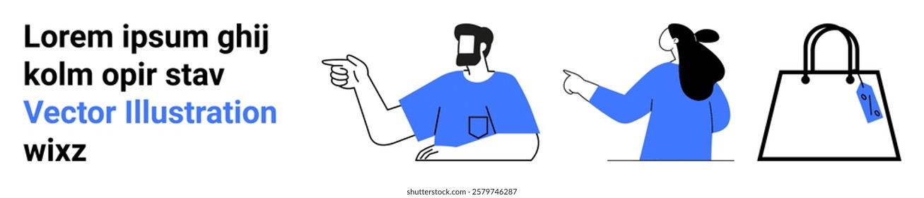 Two cartoon characters in blue attire are pointing towards a handbag with a tag. Ideal for shopping, communication, teamwork, advertising, and e-commerce. Banner for landing page