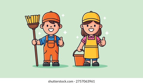 Two cartoon characters, a boy and a girl, dressed as cleaners and giving thumbs up.