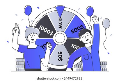 Two cartoon characters celebrating a win at a prize wheel game, featuring balloons and money stacks, set on white background, concept of victory and rejoicing. Line art style flat vector illustration