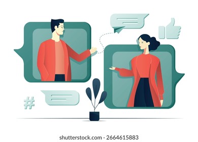 Two cartoon characters are chatting. Messages concept illustration