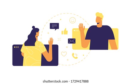 Two cartoon characters communicate using mobile phones. Social line icons: call, emoji, message, share, like. Online chat and video call between young man and woman. Vector illustration, flat design