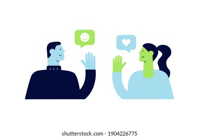 Two cartoon characters. Communication between people, greeting. Young man and woman say hello with speech bubble. Looking at each other, side view. Vector illustration, modern flat design, isolated