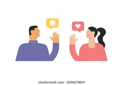 Two cartoon characters. Communication between people, greeting. Young man and woman say hello with speech bubble. Looking at each other, side view. Vector illustration, modern flat design, isolated