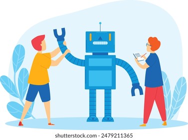 Two cartoon characters engaged robot maintenance work, one holding wrench adjusting robots arm, while takes notes, robot large, blue, humanoid, while humans display teamwork tech setting. Human