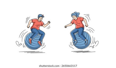 Dois personagens de desenhos animados estão andando entusiasticamente em monociclos em direções opostas com linhas de movimento exageradas indicando atividade e velocidade