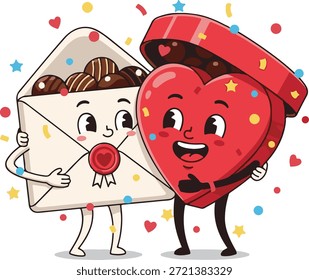 Two cartoon characters an envelope and a heartshaped gift box isolated on a transparent background
