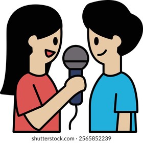 Two cartoon characters are holding microphones and smiling. The girl is wearing a red shirt and the boy is wearing a blue shirt