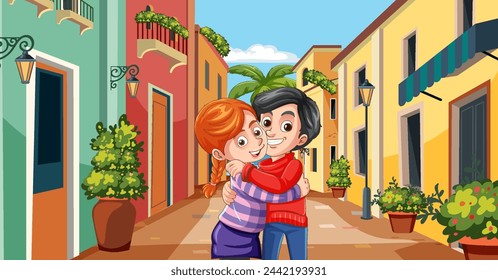 Two cartoon characters hugging in a vibrant street