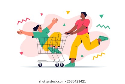 Dois personagens de desenhos animados brincando com um carrinho de compras, incorporando amizade e diversão energética. A ilustração apresenta um conceito criativo que promove a positividade e a união.