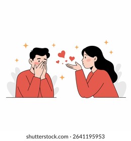 Two cartoon characters, a man and a woman, depicted in a tender moment. The woman is blowing hearts towards the man, who is blushing and covering his face.