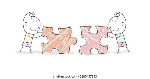 Two cartoon characters move and connect two pieces of the puzzle. Conceptual illustration for creative design. Flat style