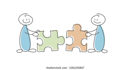 Two cartoon characters move and connect two pieces of the puzzle. Conceptual illustration for creative design. Flat style