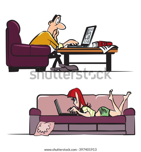 Two cartoon characters on computer stock vector royalty free 397401913 shutterstock