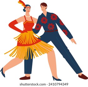 Two cartoon characters perform a dance in colorful costumes, female in a yellow fringe dress and male in a flowery shirt. Retro style dancers enjoying a lively dance move. Carnival celebration dance