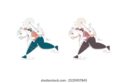 Two cartoon characters running with megaphones, representing information and communication.