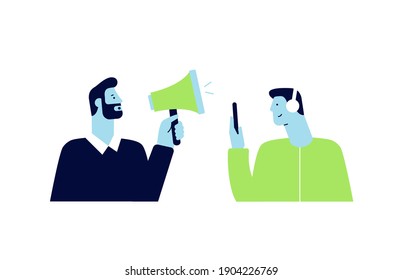 Two cartoon characters, side view. Difficulties in communication between people. The man shouts into the loudspeaker. A person with phone and headphones cannot hear. Vector illustration, flat design