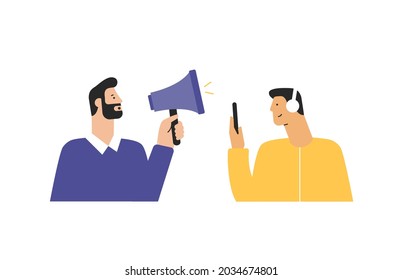 Two cartoon characters, side view. Difficulties in communication between people. The man shouts into the loudspeaker. A person with phone and headphones cannot hear. Vector illustration, flat design