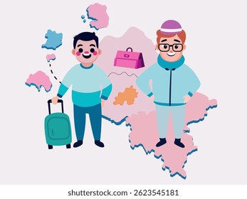 Two cartoon characters with a suitcase and map, planning a trip, standing on a pink map background with a dashed route, illustrated in a bright, flat style.