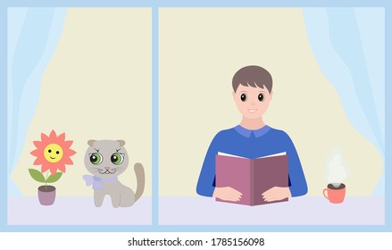 Two cartoon characters. A young man at the window and reads a book, next to him near a flower on the windowsill sits a cat. Vector flat Illustration. 