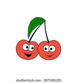 Two cartoon cherries with faces. Cute sweet fruits isolated on white background. Vector illustration and clipart. Funny happy smiling positive and friendly cherry.
