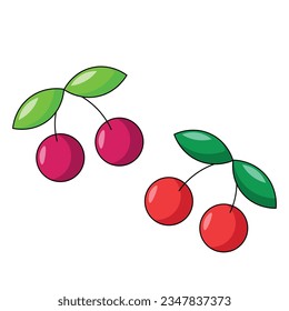 Two cartoon cherry berries with leaves in color