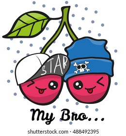 Two Cartoon Cherry brothers and funny hats dots background