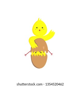 two cartoon chickens one sits in an eggshell and the second waving a friendly wing cute concept