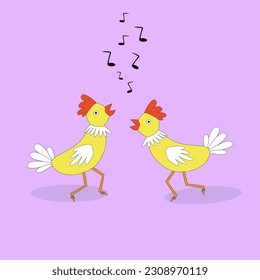 Two cartoon chickens  sing. vector image. Funny image, childish , cute. Melody sign