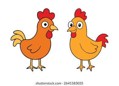 Two cartoon chickens standing next to each other on white background