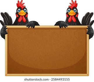 Two cartoon chickens with a wooden sign