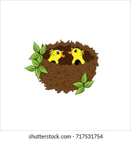 Two cartoon chicks in the nest on a white background, vector  illustration