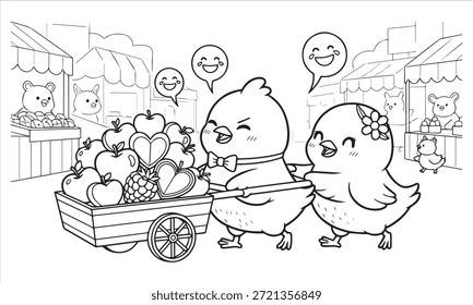 Two cartoon chicks pushing a cart full of apples and berries bird wheel