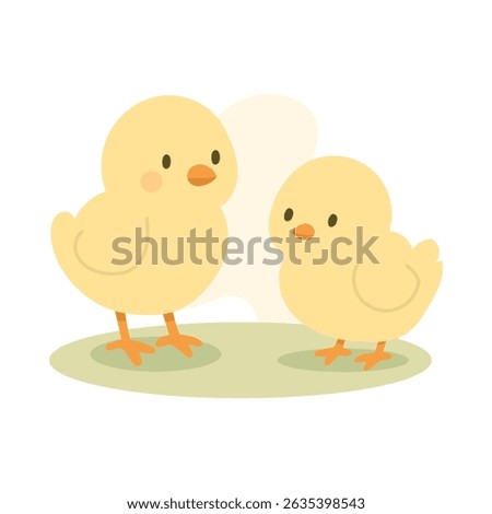 Two cartoon chicks stand on green grass, chicks add cuteness to farm scenes, chicks perfect for spring visuals, children s books, and educational animal-themed content.