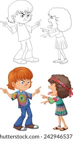 Two cartoon children arguing, colorful and outlined versions.