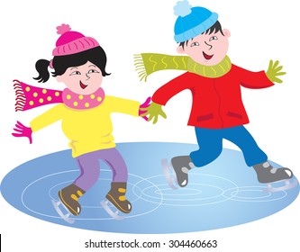 two cartoon children with asian features skating on a frozen lake