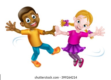 Two cartoon children, a black boy and a white girl, dancing