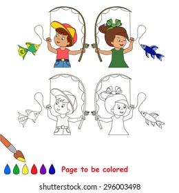 Two cartoon children - boy and girl - catch fish. Fisherman and fisherwoman. Coloring book for childen.